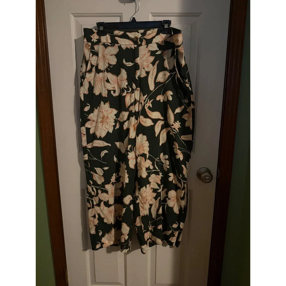Mango MNG Floral Linen Blend Tapered Pants Green Peach XL High Waist Trousers